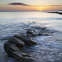 Buy canvas prints of Rocks on the Shore at Sunrise Castle Sands St Andrews by Mark Sunderland