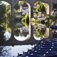 Buy canvas prints of Viaduct and Reflection with Rowing Boast in the River Nidd at Kn by Mark Sunderland