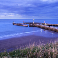 Buy canvas prints of Whitby Piers at Dusk by Mark Sunderland