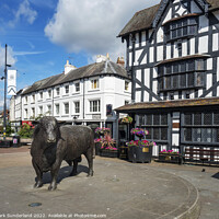 Buy canvas prints of Hereford Bull Statue and Black and White House Hereford by Mark Sunderland