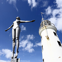 Buy canvas prints of Scarborough Lighthouse and Diving Belle Statue by Mark Sunderland