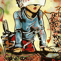 Buy canvas prints of Graffiti Art Of A Woman Warrior Wearing Helmet. by Ernest Sampson