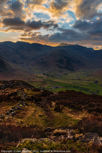 Sunset behind Bow Fell from Side Pike Picture Board by Alan Dunnett