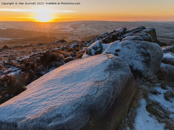 Golden Sunrise over Snowy Roaches Picture Board by Alan Dunnett