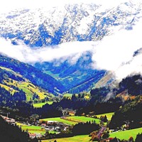 Buy canvas prints of Snowy Austrian Alps and green valley by Pieter Marais