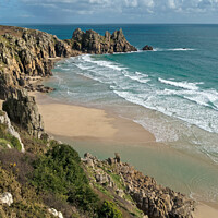 Buy canvas prints of Pedn vounder beach and Logan Rocks, Cornwall, England. by Photimageon UK