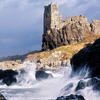 Buy canvas prints of Stormy winter seas break against the rocky shore at Dunure Castle by Alister Firth Photography