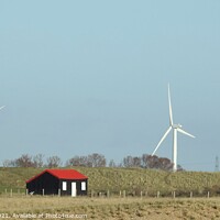 Buy canvas prints of Black hut with red roof and wind turbines at Rye Harbour by Joan Rosie