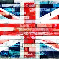 Buy canvas prints of Union Jack, UK flag on wood planks background by Delphimages Art