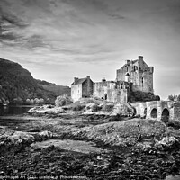 Buy canvas prints of Eilean Donan castle, Scotland, Black and white by Delphimages Art