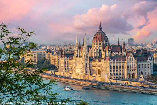 Budapest parliament and Danube river at sunset Picture Board by Delphimages Art