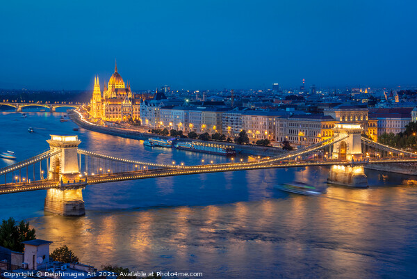 Budapest parliament and Chain bridge at night Picture Board by Delphimages Art