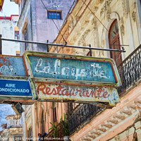 Buy canvas prints of Bar restaurant old signs in Havana, Cuba by Delphimages Art