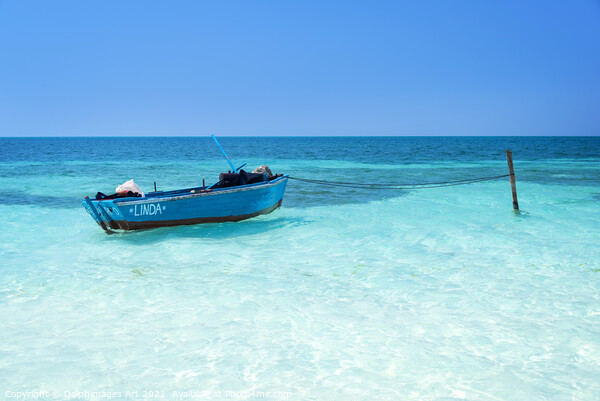 Blue boat on pristine water on the beach in Cuba Picture Board by Delphimages Art