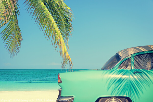 Vintage summer, classic car on a tropical beach Picture Board by Delphimages Art