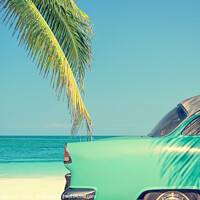 Buy canvas prints of Vintage summer, classic car on a tropical beach by Delphimages Art