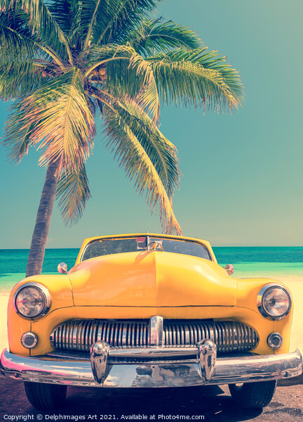 Classic car on a tropical beach with palm tree Picture Board by Delphimages Art