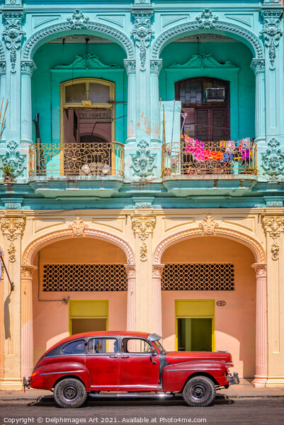 Havana, Cuba. Vintage car and colonial building Picture Board by Delphimages Art