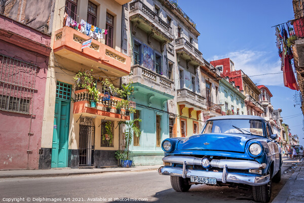 Havana, Cuba. Vintage blue classic car Picture Board by Delphimages Art