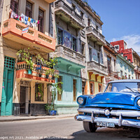 Buy canvas prints of Havana, Cuba. Vintage blue classic car by Delphimages Art