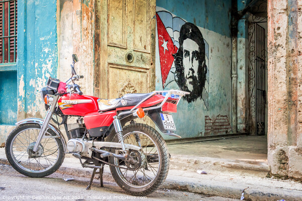 Che Guevara stencil and motorbike in Havana Cuba Picture Board by Delphimages Art