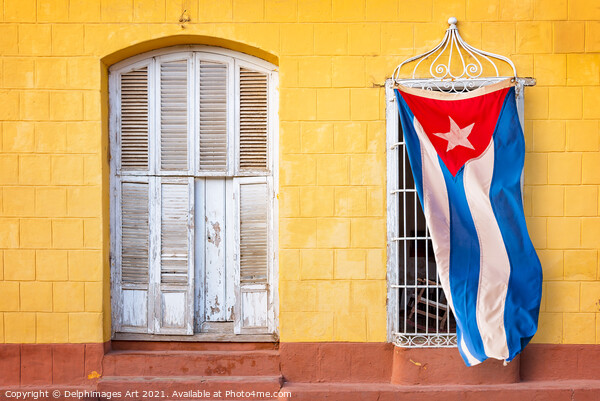 Cuban flag in in a street of Trinidad, Cuba Picture Board by Delphimages Art