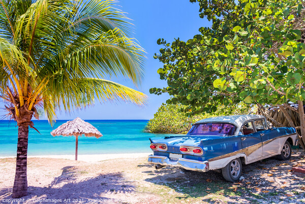 Cuba. Vintage classic car on a beach Picture Board by Delphimages Art