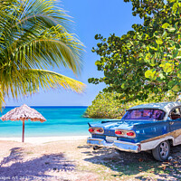 Buy canvas prints of Cuba. Vintage classic car on a beach by Delphimages Art