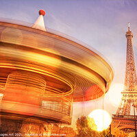 Buy canvas prints of Eiffel tower, Paris and romantic vintage carousel by Delphimages Art