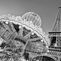 Buy canvas prints of Paris. Eiffel tower and carousel, black and white by Delphimages Art