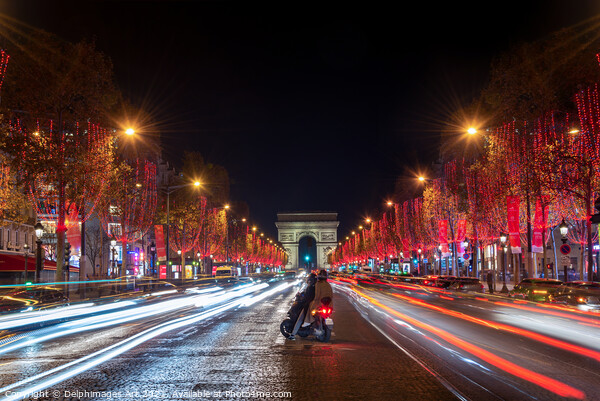 Christmas lights at night in Paris Champs Elysees Picture Board by Delphimages Art