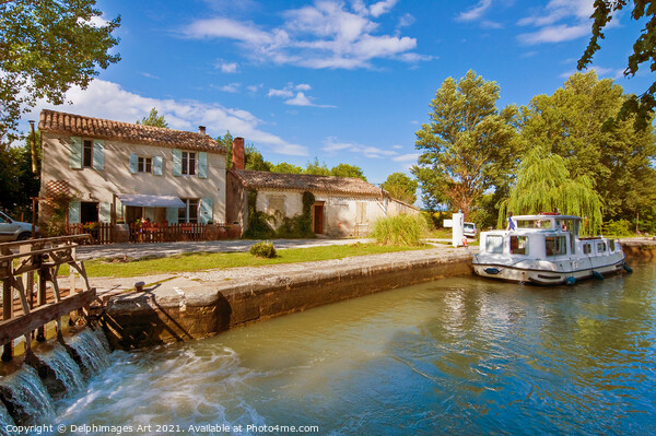 Canal du Midi France. Tourism boat at a lock Picture Board by Delphimages Art