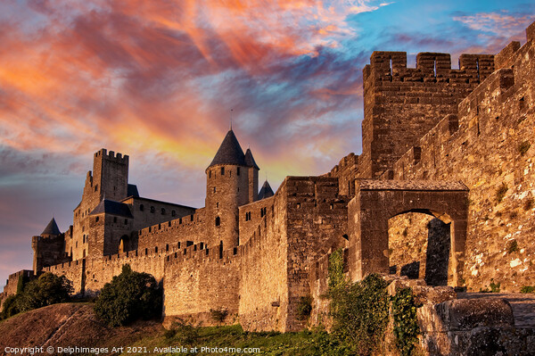 Medieval fortress of Carcassonne at sunset, France Picture Board by Delphimages Art