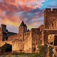 Buy canvas prints of Medieval fortress of Carcassonne at sunset, France by Delphimages Art