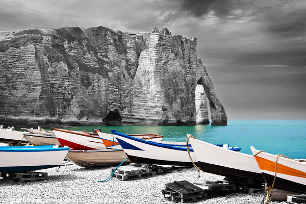 Fishing boats on the beach of Etretat, France Picture Board by Delphimages Art