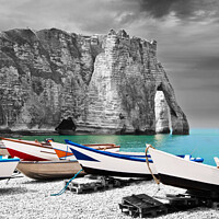 Buy canvas prints of Fishing boats on the beach of Etretat, France by Delphimages Art