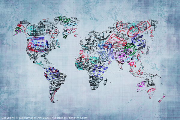 World map with passport stamps, travel abstract Picture Board by Delphimages Art