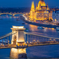 Buy canvas prints of Budapest, Chain bridge over Danube river at night by Delphimages Art