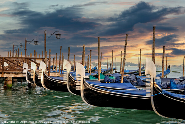 Gondolas in Venice Saint Mark square at sunset Picture Board by Delphimages Art