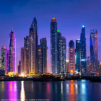 Buy canvas prints of Dubai marina skyline illuminated at night, UAE by Delphimages Art
