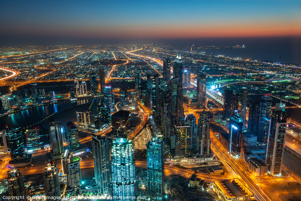 Dubai, city view from Burj Khalifa tower at night Picture Board by Delphimages Art