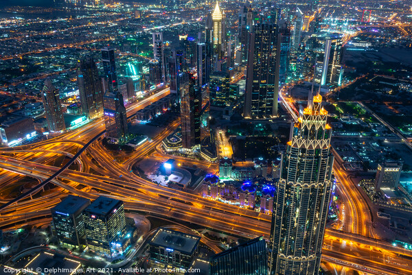Dubai aerial view at night from Burj Khalifa tower Picture Board by Delphimages Art