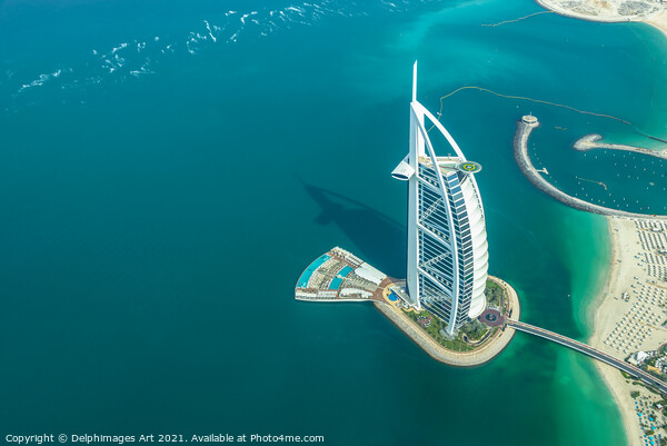 Dubai. Burj al Arab hotel aerial view, UAE Picture Board by Delphimages Art
