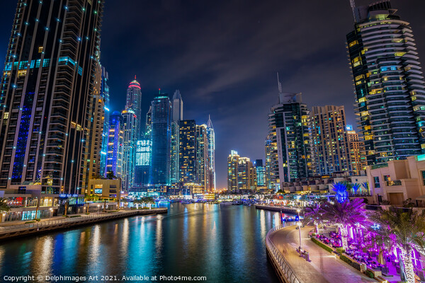 Dubai marina walk at night,  United Arab Emirates Picture Board by Delphimages Art
