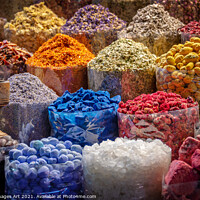 Buy canvas prints of Colourful piles of spices in Dubai old souk, UAE by Delphimages Art