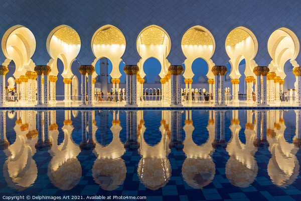 Grand Mosque in Abu Dhabi near Dubai at night, UAE Picture Board by Delphimages Art