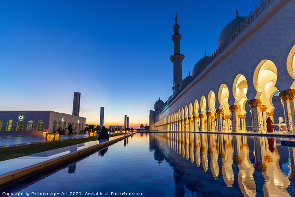 Grand Mosque in Abu Dhabi near Dubai at night, UAE Picture Board by Delphimages Art