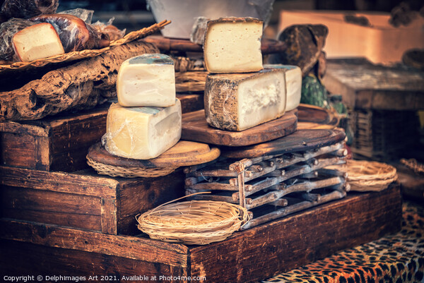 Italian pecorino cheese on a wooden rustic display Picture Board by Delphimages Art