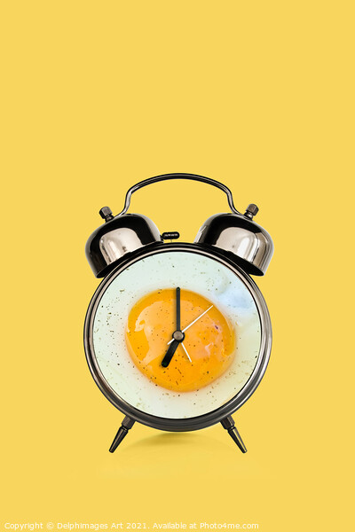 Breakfast time, fried egg and vintage alarm clock  Picture Board by Delphimages Art