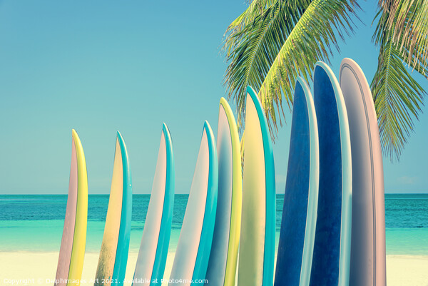 Surfboards on a beach. Surf decor Picture Board by Delphimages Art